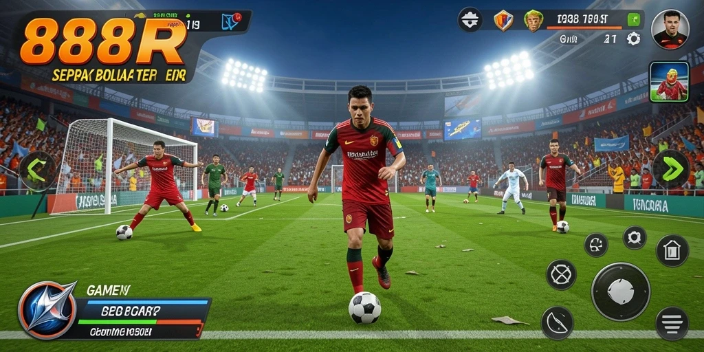Screenshot 888R menampilkan aksion seru di lapangan sepak bola.