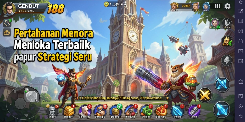 Tampilan gameplay GENDUT188 dengan menara pertahanan yang strategis.