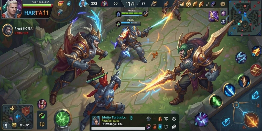 Screenshot utama HARTA11 menampilkan pertarungan seru antara tim di arena.