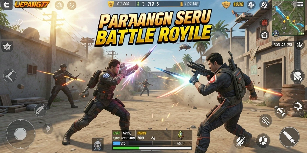 Screenshot utama JEPANG77 menunjukkan aksi seru dalam pertempuran Battle Royale.