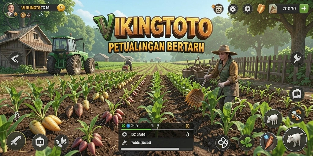 Tangkapan layar VIKINGTOTO menunjukkan pemain sedang bertani di ladang yang subur.